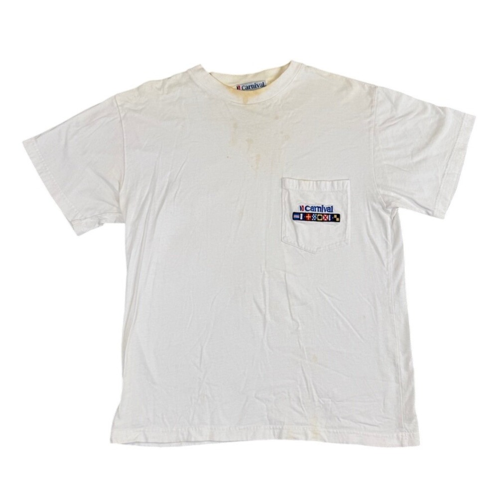 Vintage Carnival Cruise Line Pocket T-Shirt White Embroidered Signal Flags Med